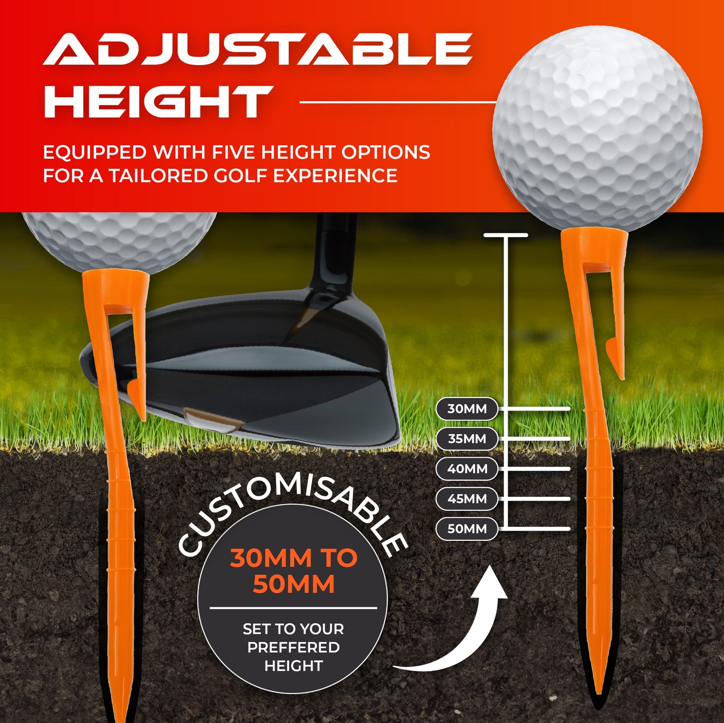 SWIFTEE Clip On Durable Golf Tee Tees With Height Markers - 5 x 70mm 5 x 40mm