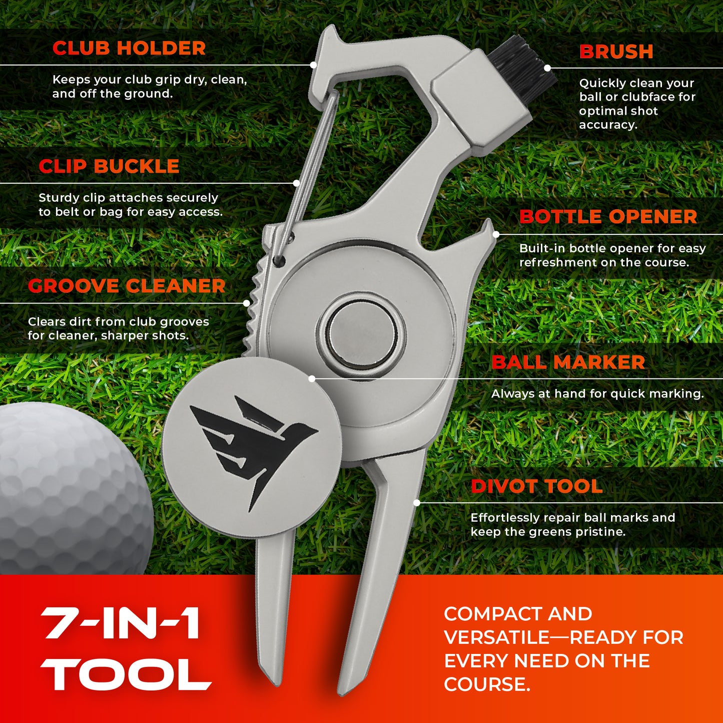 SWIFTEE Golf Divot Pitch Mark Repair Tool 7-in-1 Antique Copper - Club Holder, Brush, Clip Buckle, Groove Cleaner, Bottle Opener, Ball Marker, Divot Tool - Gift Box Included