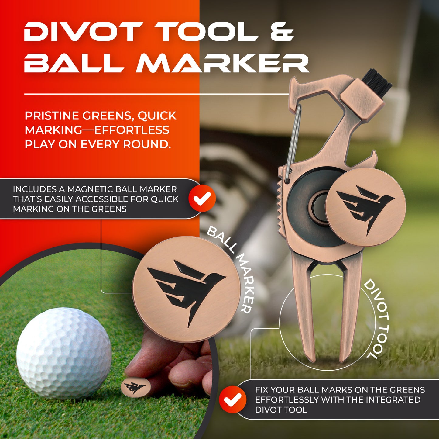 SWIFTEE Golf Divot Pitch Mark Repair Tool 7-in-1 Antique Copper - Club Holder, Brush, Clip Buckle, Groove Cleaner, Bottle Opener, Ball Marker, Divot Tool - Gift Box Included