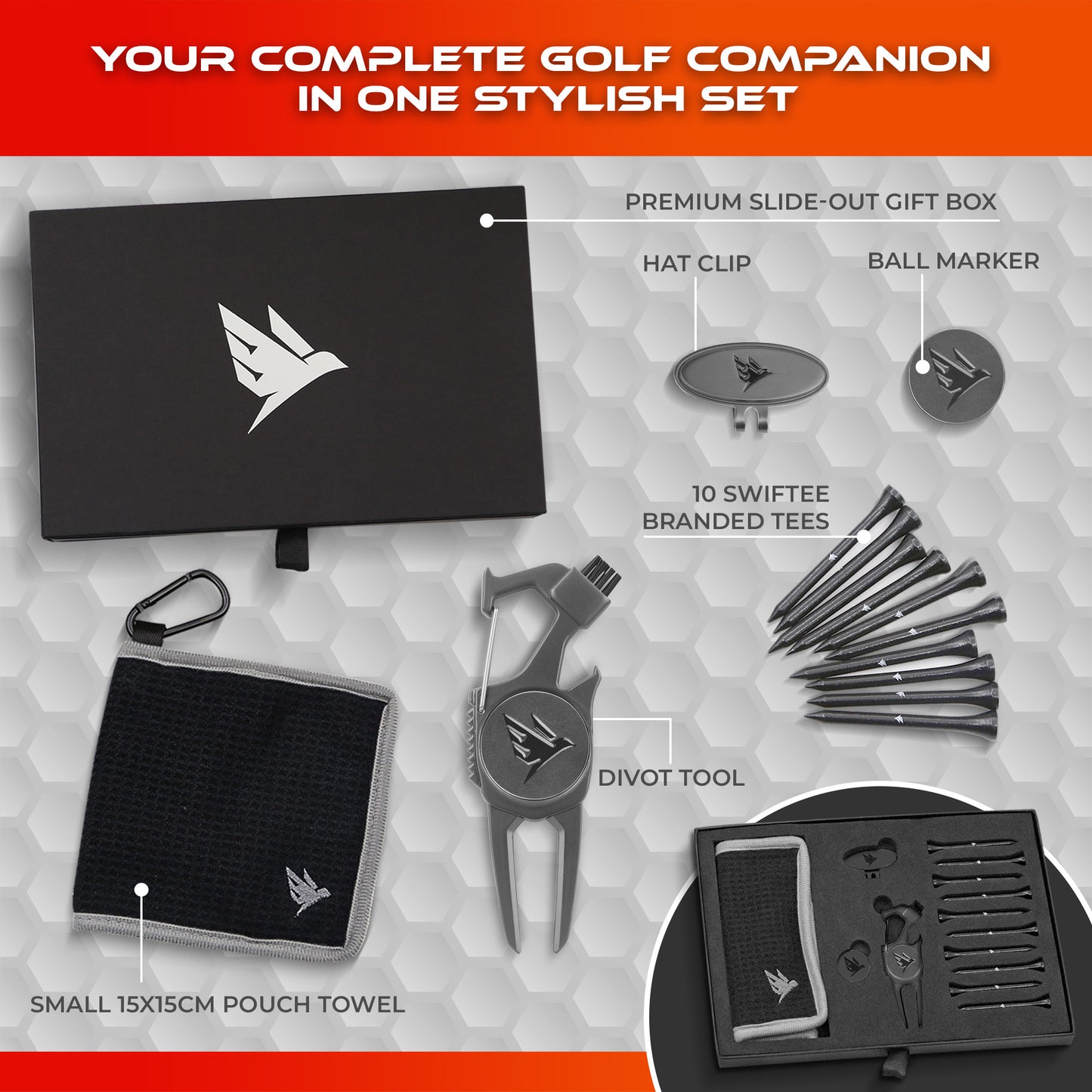 SWIFTEE Premium Golf Gift Set - The Signature 7-in-1 Multi-Tool for Golfers + Complete Accessory Pack (Tees, Ball Marker, Hat Clip, Pouch Towel) - Perfect Golf Gift