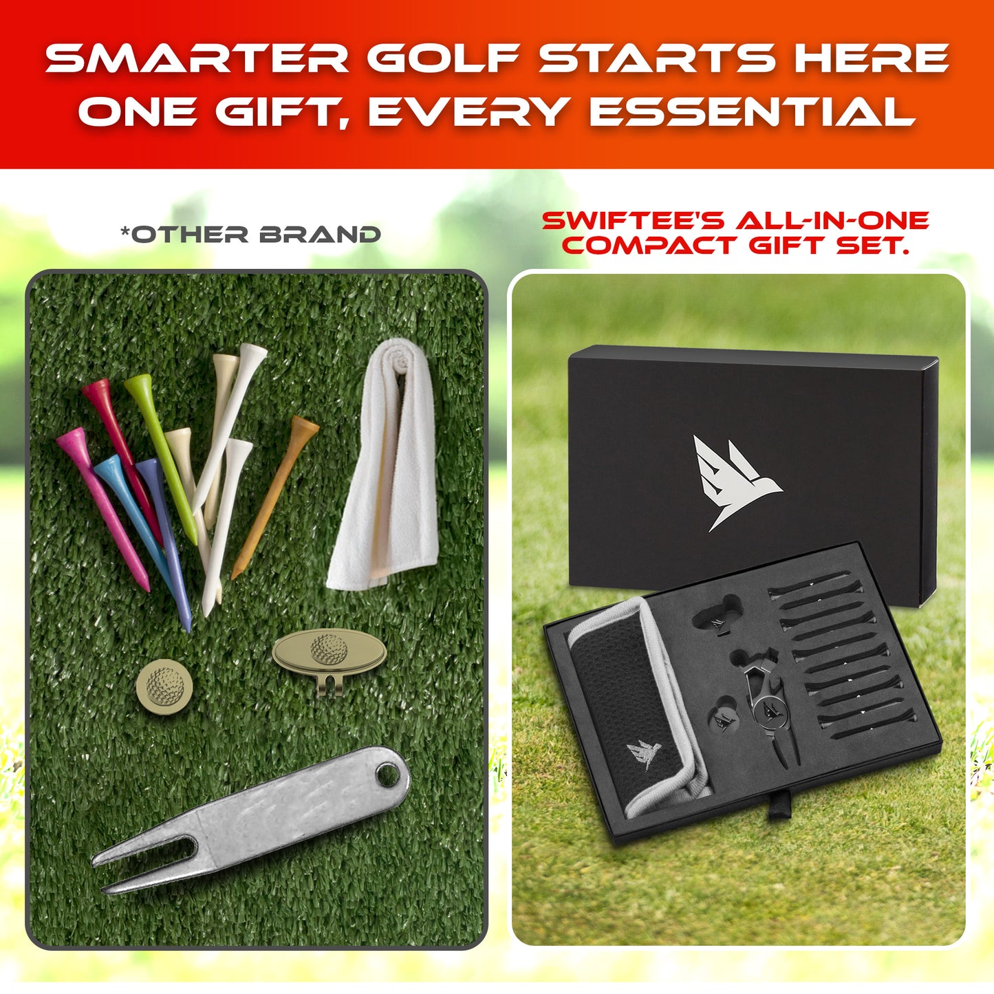 SWIFTEE Premium Golf Gift Set - The Signature 7-in-1 Multi-Tool for Golfers + Complete Accessory Pack (Tees, Ball Marker, Hat Clip, Pouch Towel) - Perfect Golf Gift