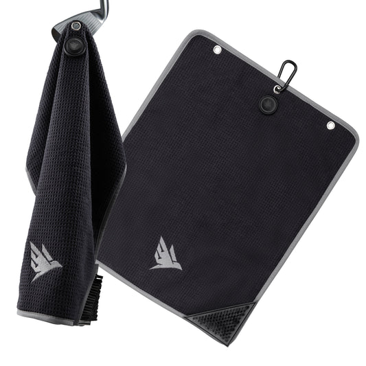 SWIFTEE Ultimate 4-in-1 Premium Golf Towel Black - Includes Brush, Magnet, Wet/Dry Liner, Ball Marker and Caribiner Clip