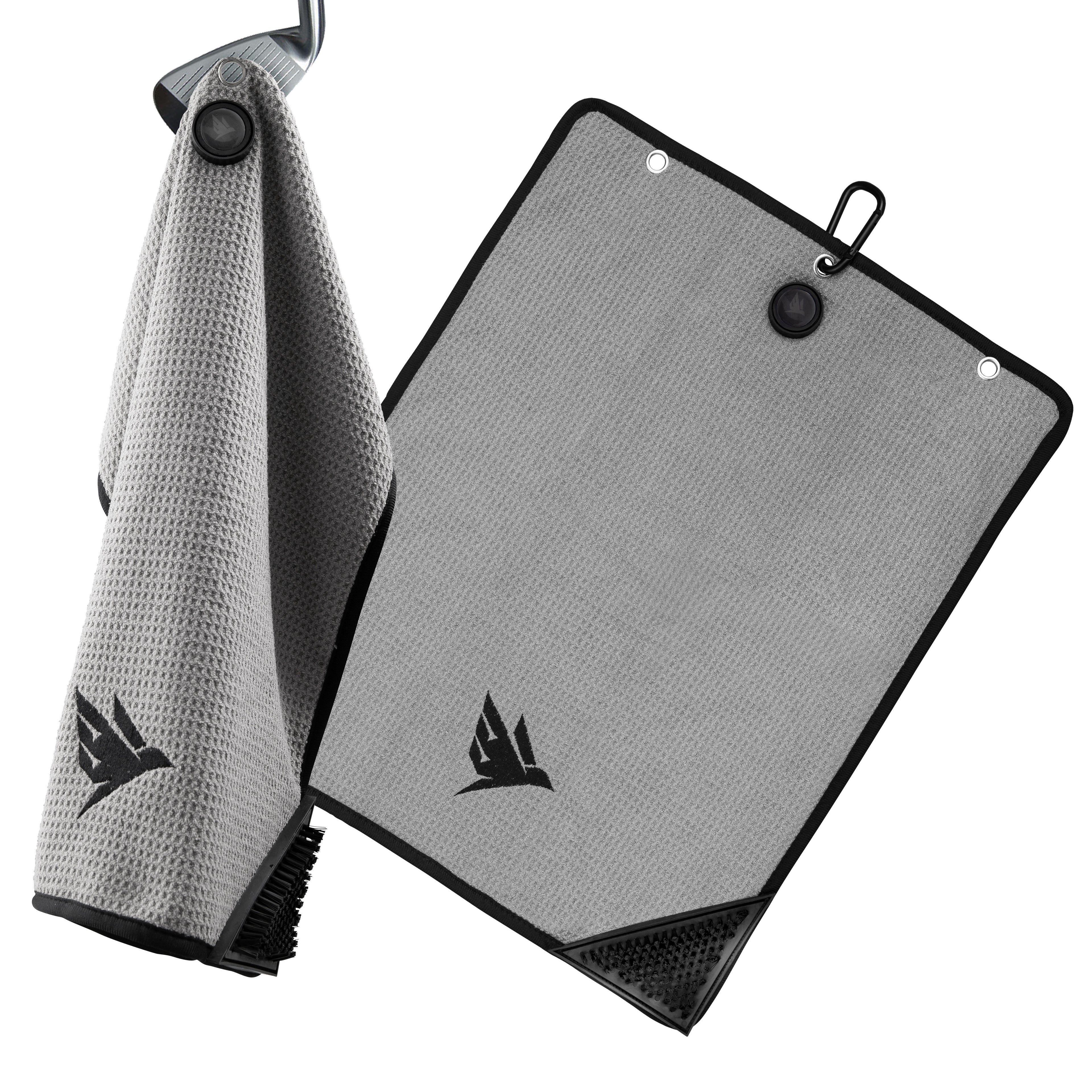 SWIFTEE Ultimate 4-in-1 Premium Golf Towel Grey - Includes Brush, Magnet, Wet/Dry Liner, Ball Marker and Caribiner Clip