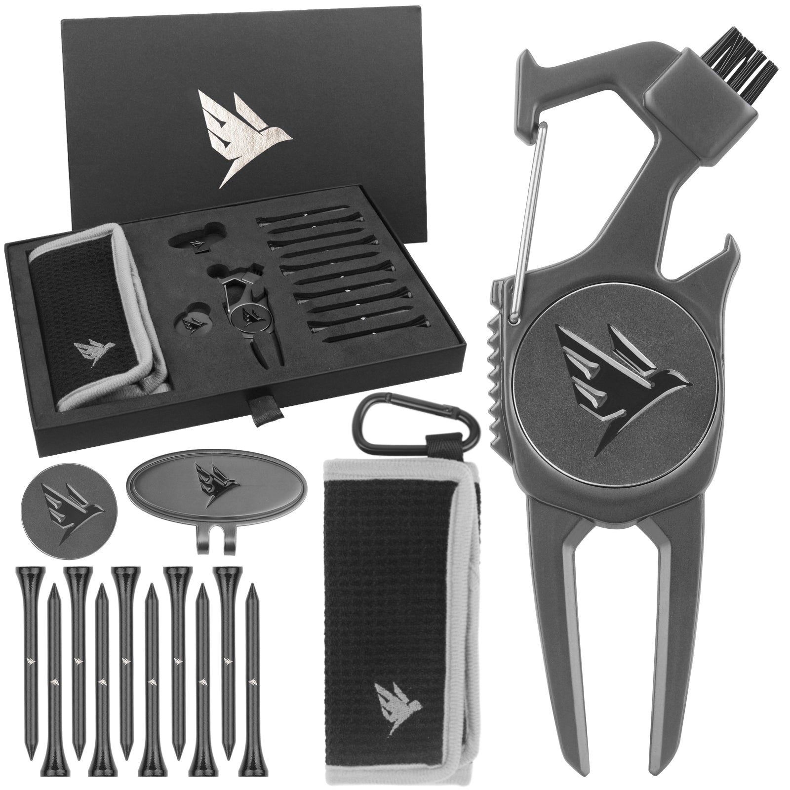SWIFTEE Premium Golf Gift Set - The Signature 7-in-1 Multi-Tool for Golfers + Complete Accessory Pack (Tees, Ball Marker, Hat Clip, Pouch Towel) - Perfect Golf Gift