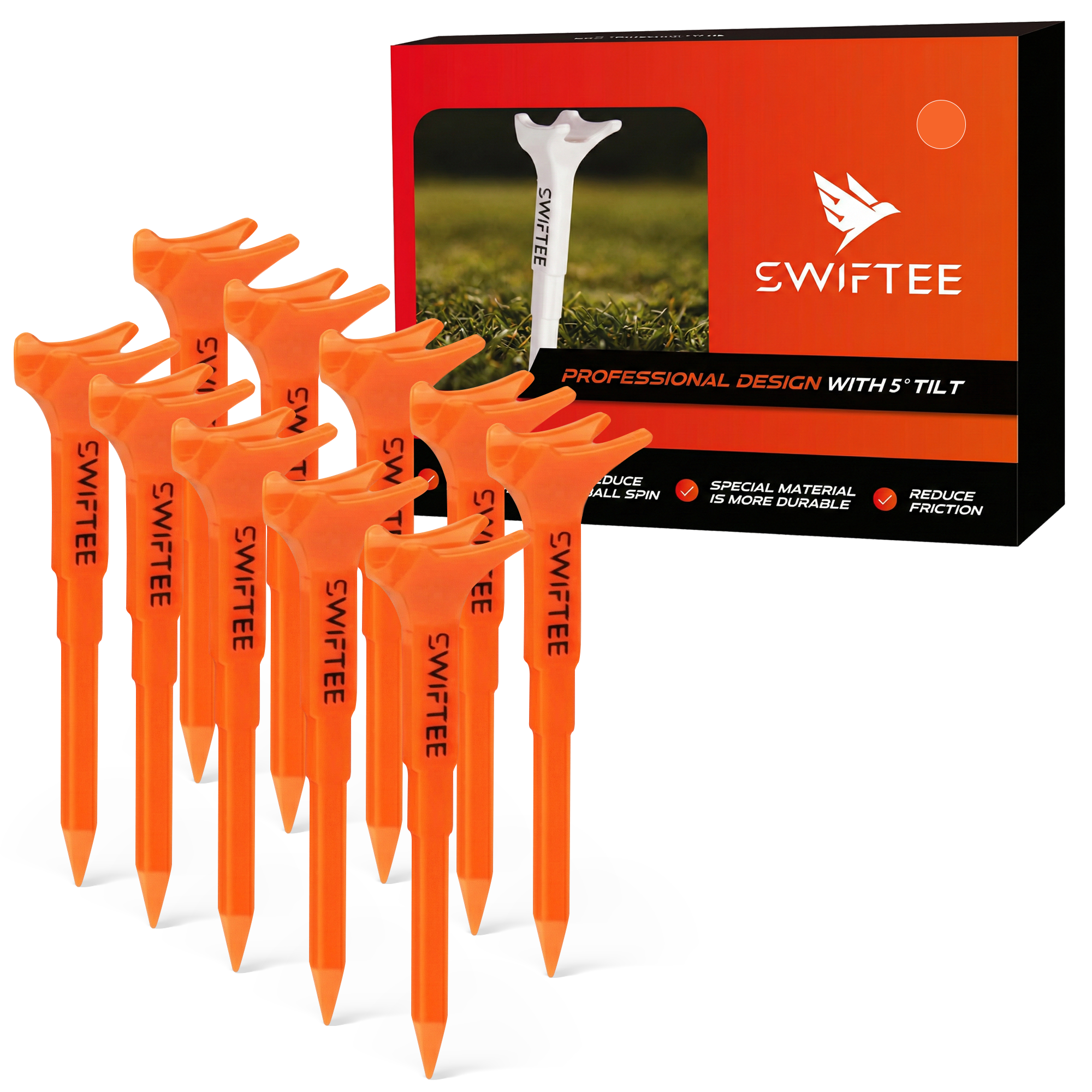SWIFTEE 5° Degree Premium Golf Tees 80mm – Extra Durable Low-Spin Tees for Longer Distance, Higher Launch & Reduced Slice – 4-Point Support, Precision Angle Design – 10 Pack