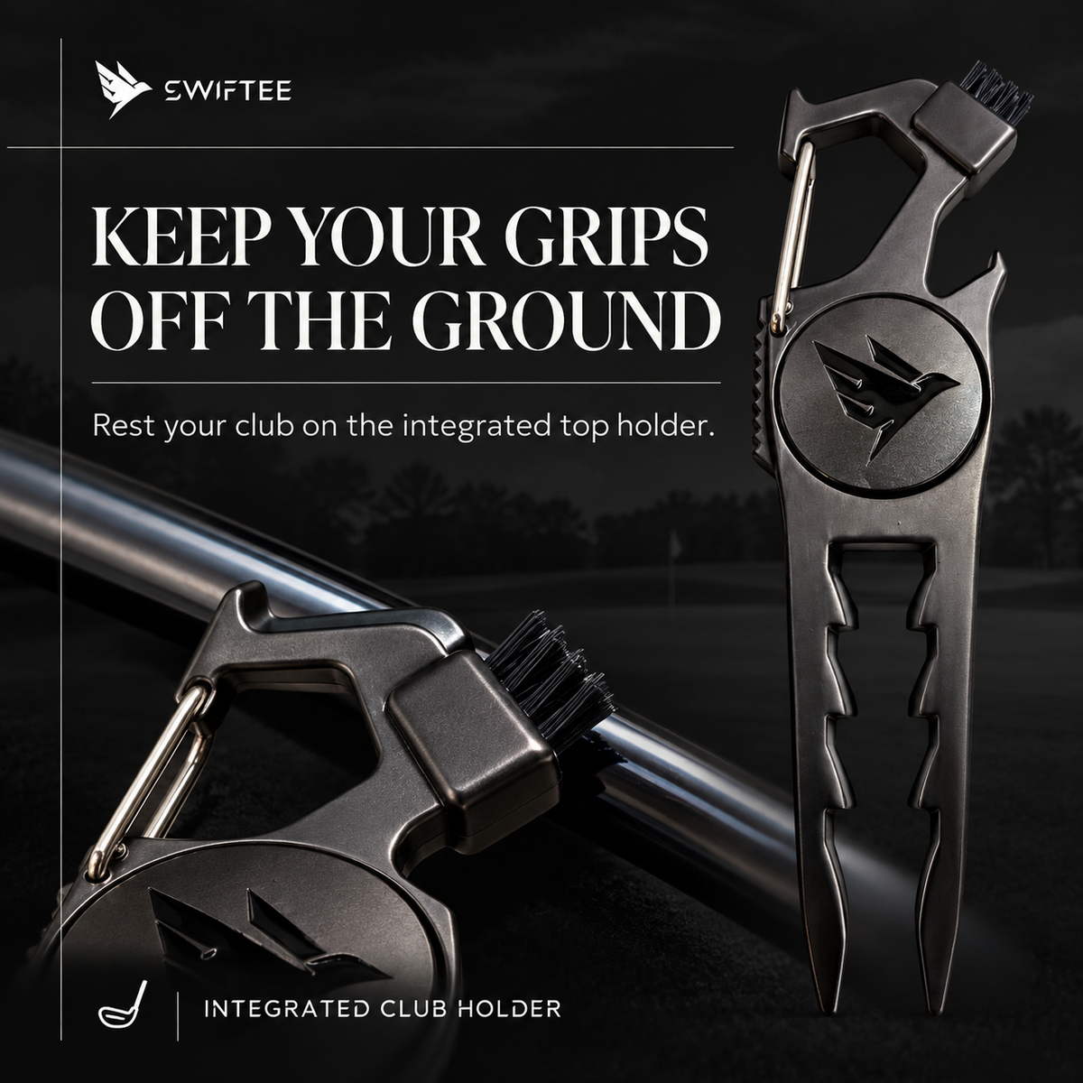 SWIFTEE 7-in-1 Height Marker Metal Golf Divot Tool - Tee Height Setter, Bottle Opener, Groove Cleaner, Brush, Club Holder, Clip, Ball Marker