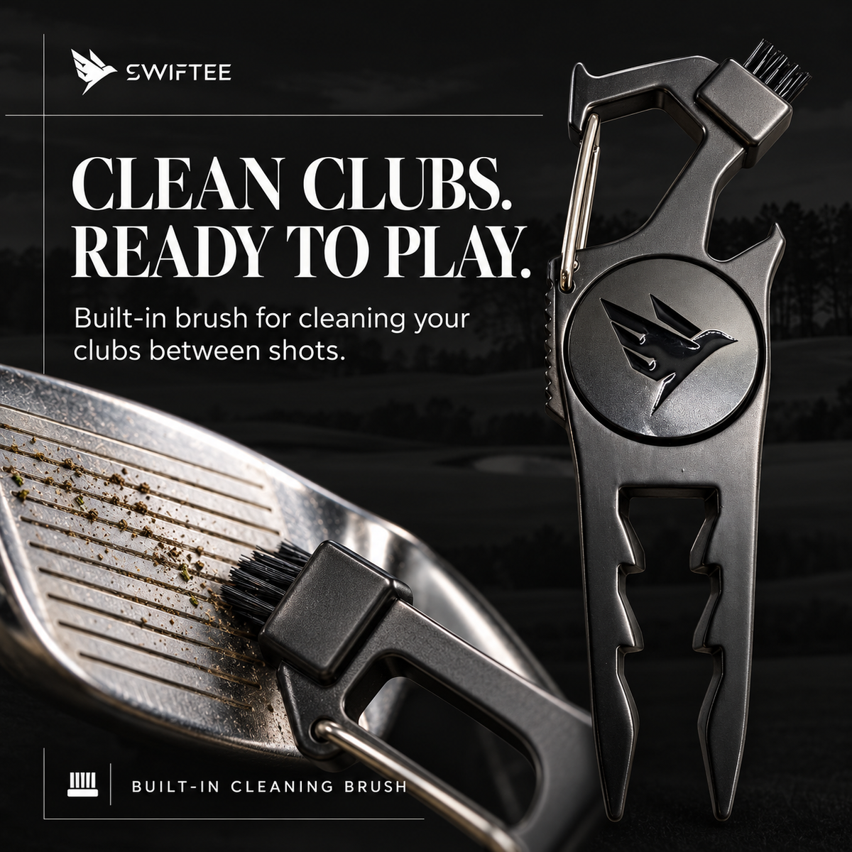 SWIFTEE 7-in-1 Height Marker Metal Golf Divot Tool - Tee Height Setter, Bottle Opener, Groove Cleaner, Brush, Club Holder, Clip, Ball Marker