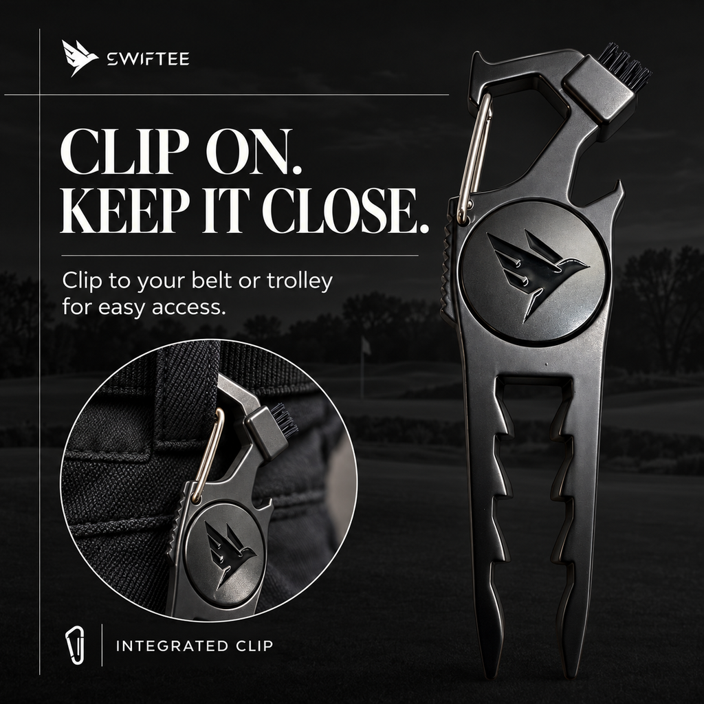 SWIFTEE 7-in-1 Height Marker Metal Golf Divot Tool - Tee Height Setter, Bottle Opener, Groove Cleaner, Brush, Club Holder, Clip, Ball Marker