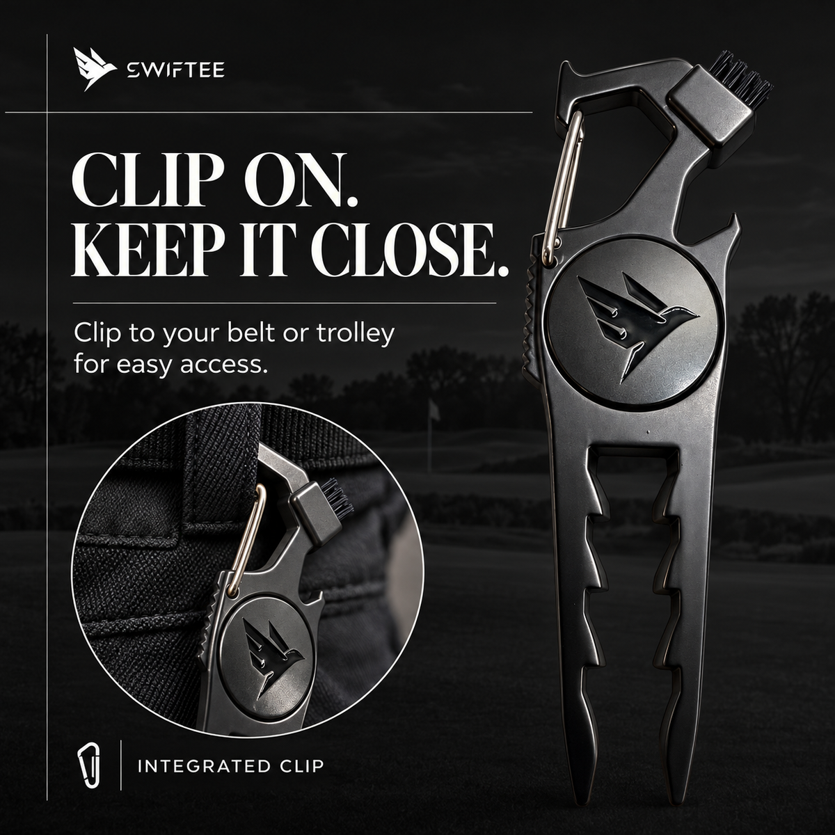 SWIFTEE 7-in-1 Height Marker Metal Golf Divot Tool - Tee Height Setter, Bottle Opener, Groove Cleaner, Brush, Club Holder, Clip, Ball Marker