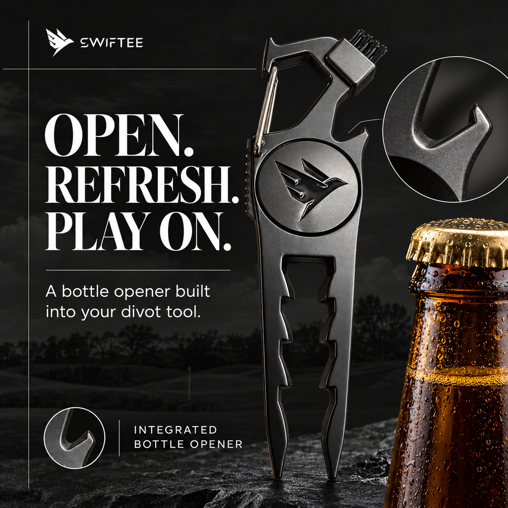 SWIFTEE 7-in-1 Height Marker Metal Golf Divot Tool - Tee Height Setter, Bottle Opener, Groove Cleaner, Brush, Club Holder, Clip, Ball Marker