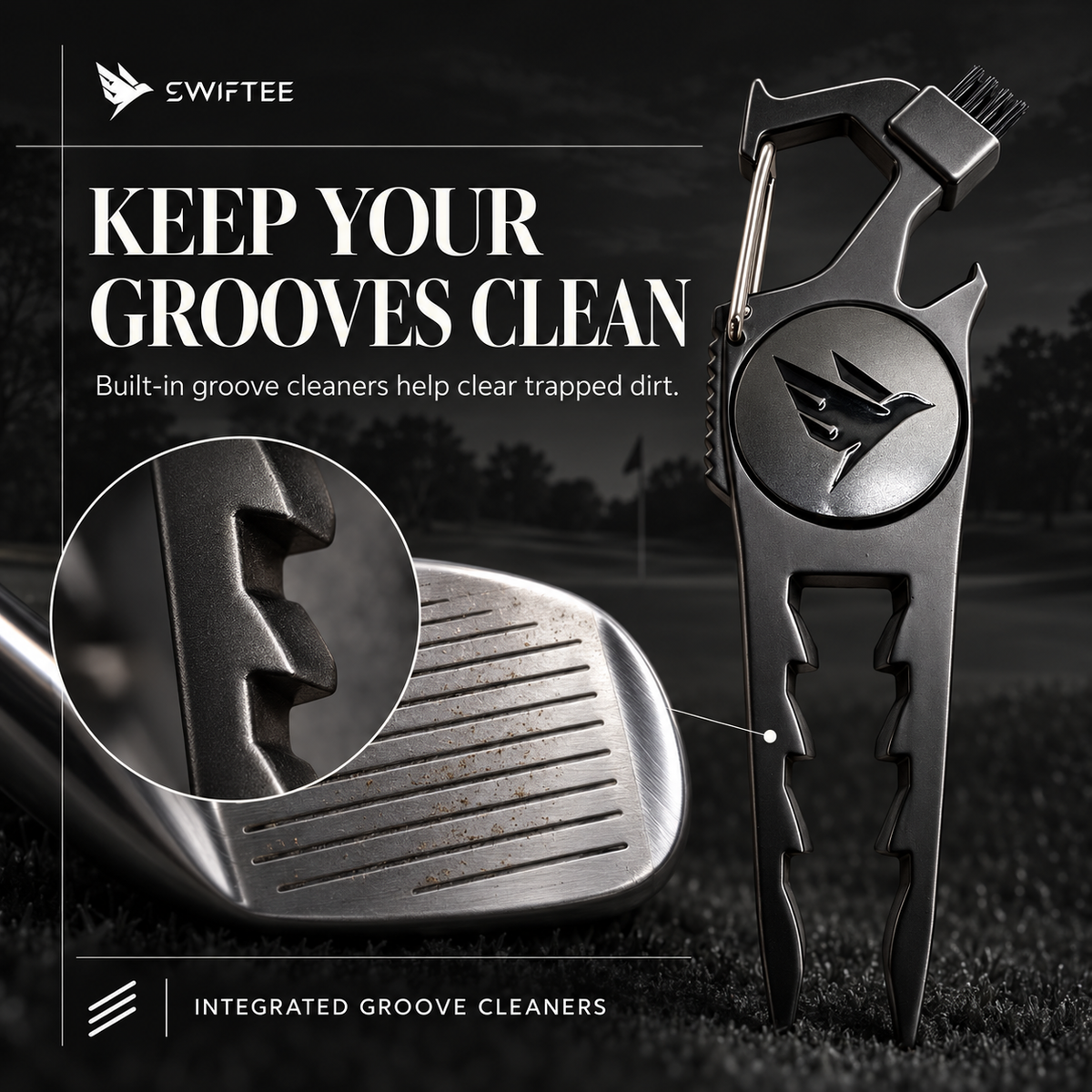 SWIFTEE 7-in-1 Height Marker Metal Golf Divot Tool - Tee Height Setter, Bottle Opener, Groove Cleaner, Brush, Club Holder, Clip, Ball Marker