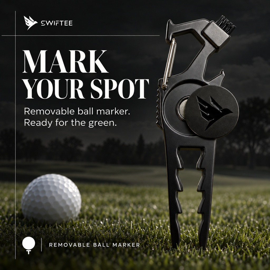 SWIFTEE 7-in-1 Height Marker Metal Golf Divot Tool - Tee Height Setter, Bottle Opener, Groove Cleaner, Brush, Club Holder, Clip, Ball Marker