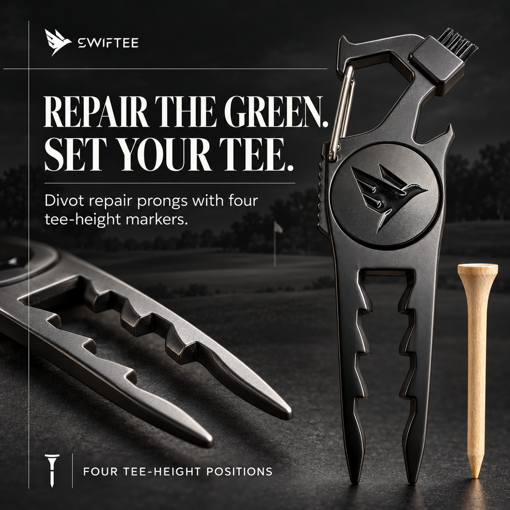 SWIFTEE 7-in-1 Height Marker Metal Golf Divot Tool - Tee Height Setter, Bottle Opener, Groove Cleaner, Brush, Club Holder, Clip, Ball Marker