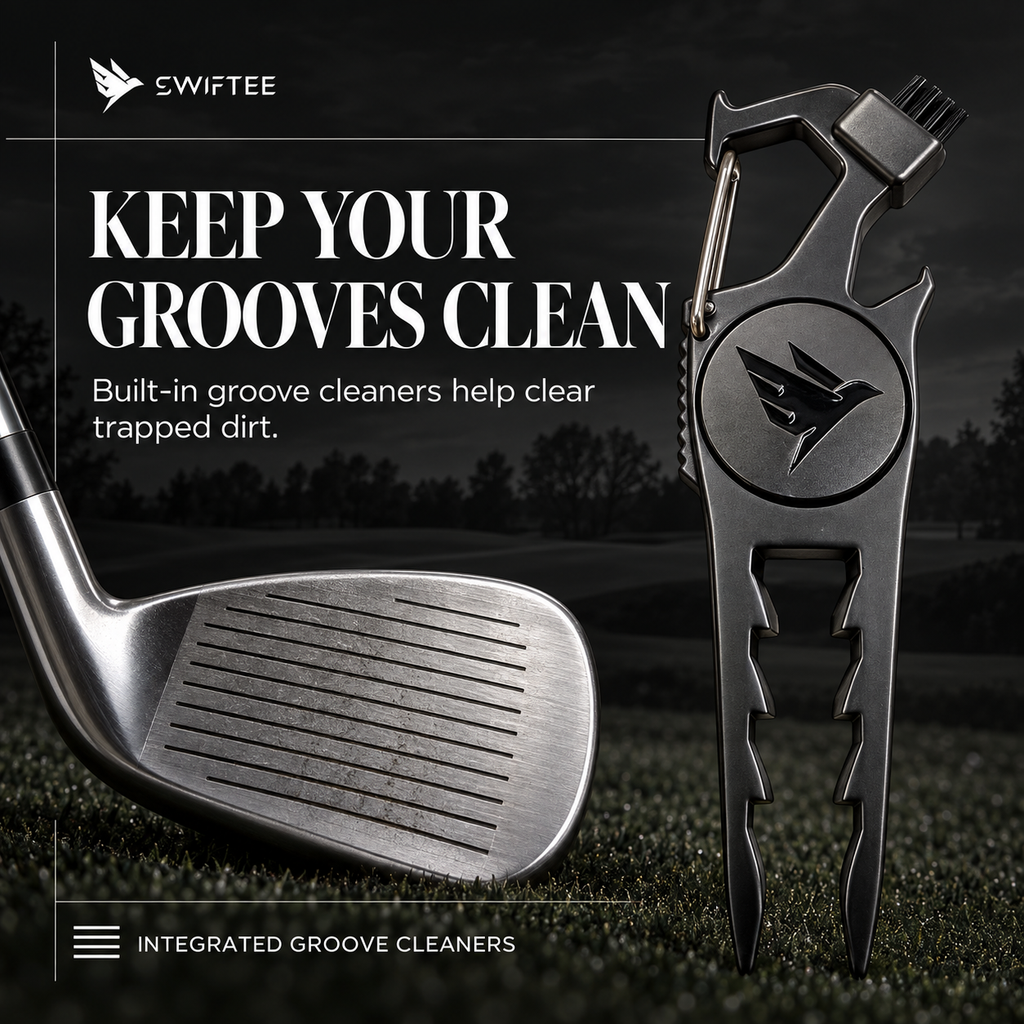 SWIFTEE 7-in-1 Height Marker Metal Golf Divot Tool - Tee Height Setter, Bottle Opener, Groove Cleaner, Brush, Club Holder, Clip, Ball Marker