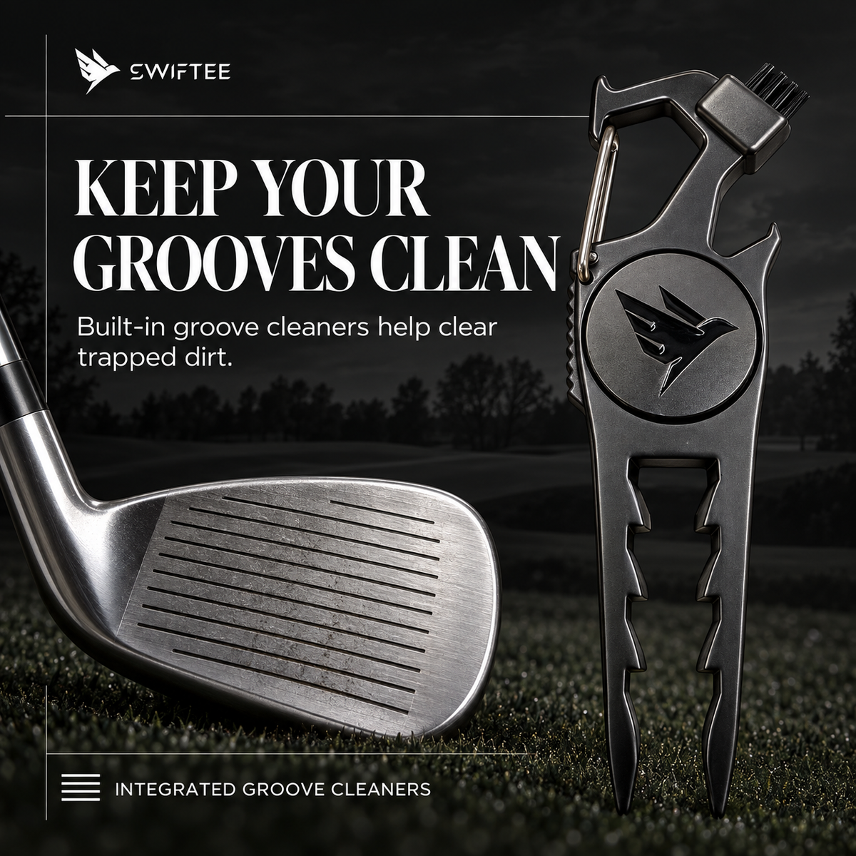 SWIFTEE 7-in-1 Height Marker Metal Golf Divot Tool - Tee Height Setter, Bottle Opener, Groove Cleaner, Brush, Club Holder, Clip, Ball Marker