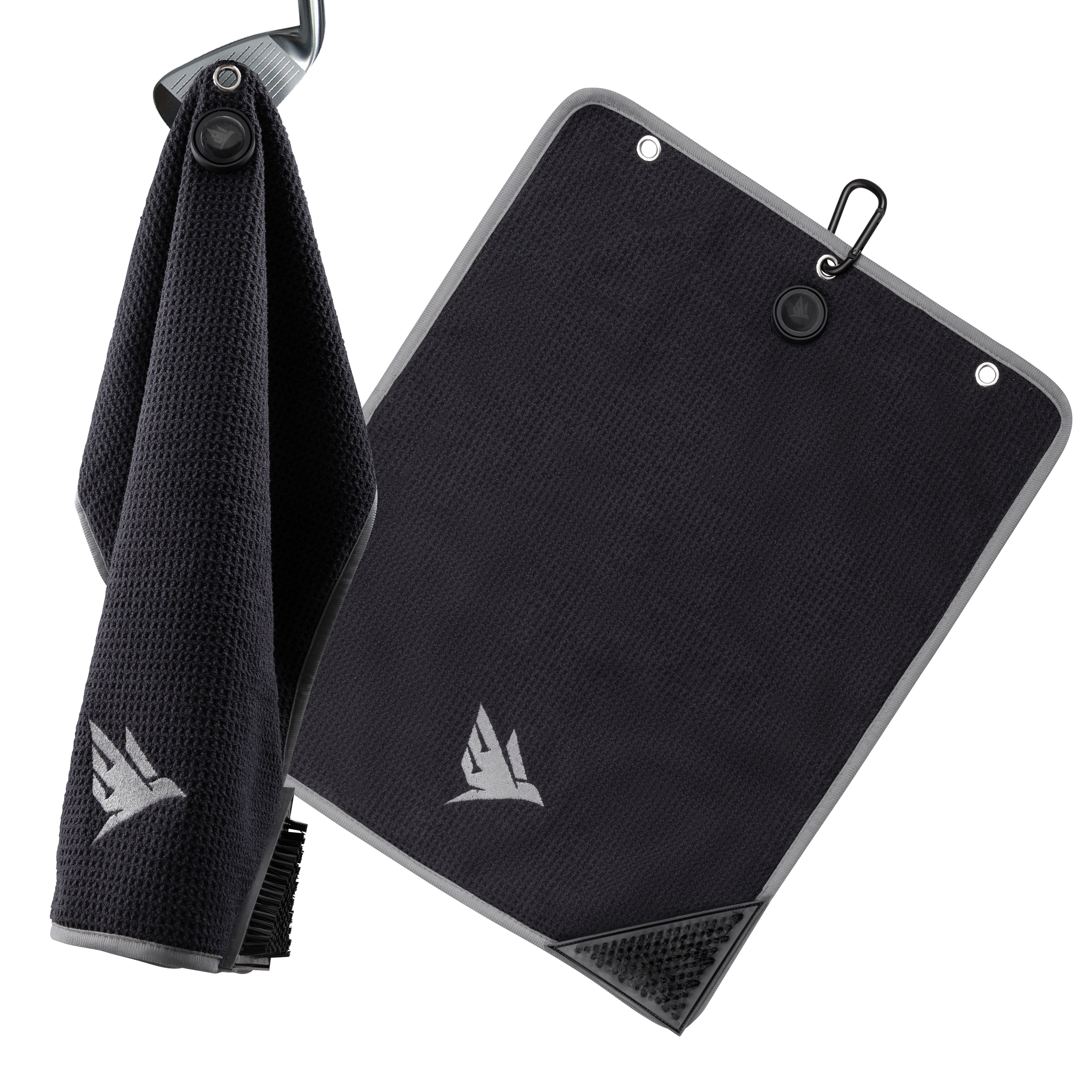 SWIFTEE Ultimate 4-in-1 Premium Golf Towel Black - Includes Brush, Magnet, Wet/Dry Liner, Ball Marker and Caribiner Clip