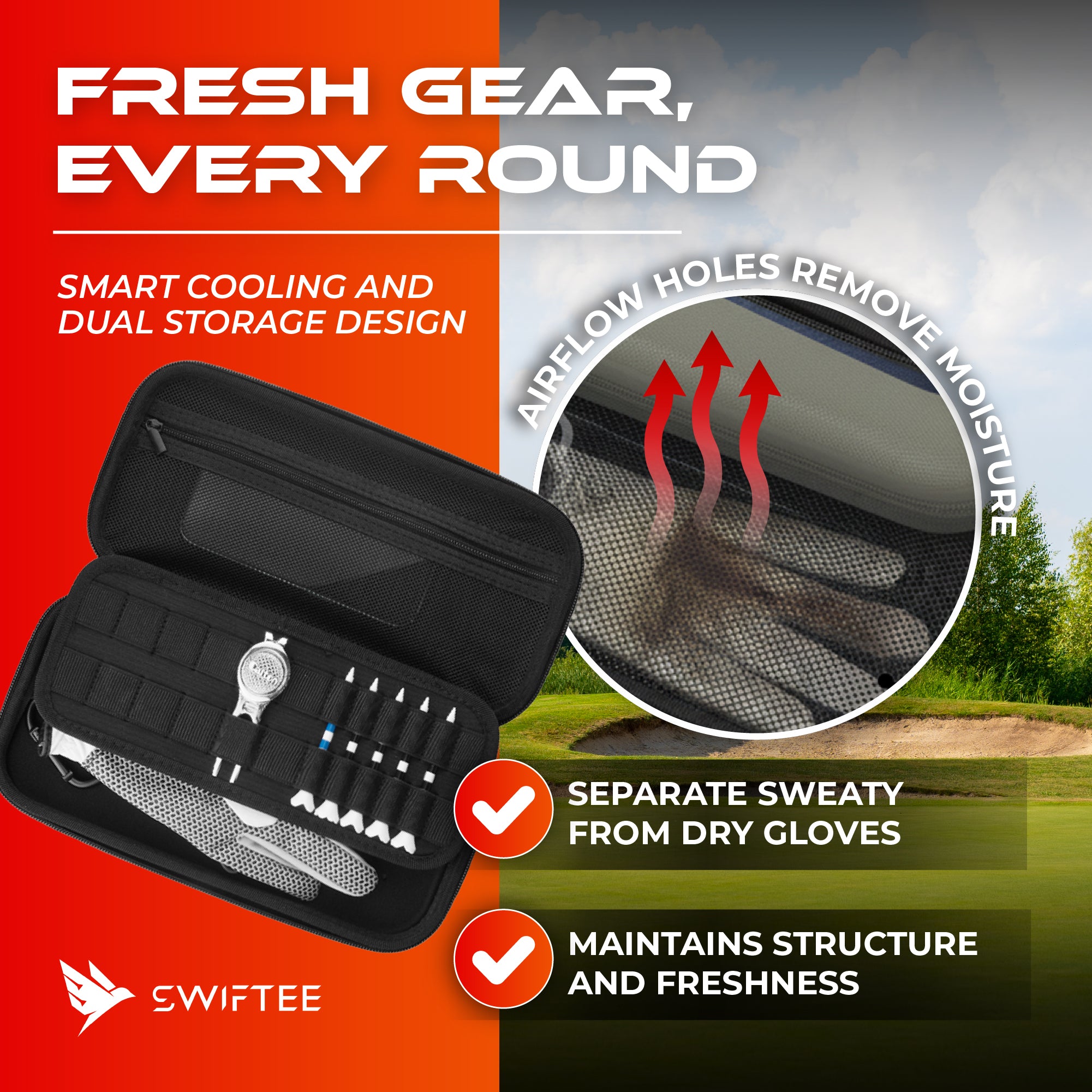 SWIFTEE Golf Glove Case Holder with Heavy-Duty Carabiner, Full-Length Divider, Airflow Ventilation Holes, Storage for Phone, Tees & Divot Tools