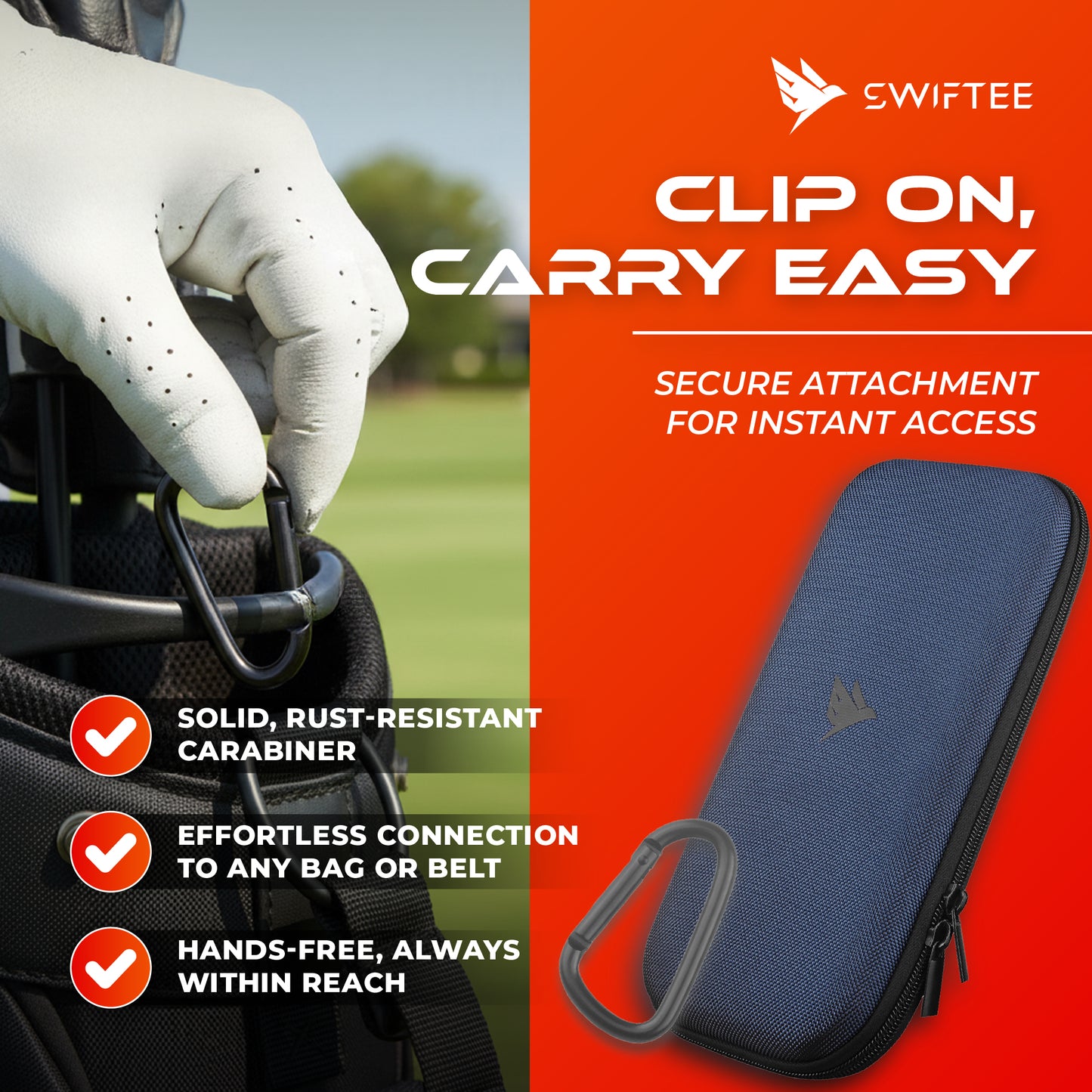 SWIFTEE Golf Glove Case Holder with Heavy-Duty Carabiner, Full-Length Divider, Airflow Ventilation Holes, Storage for Phone, Tees & Divot Tools