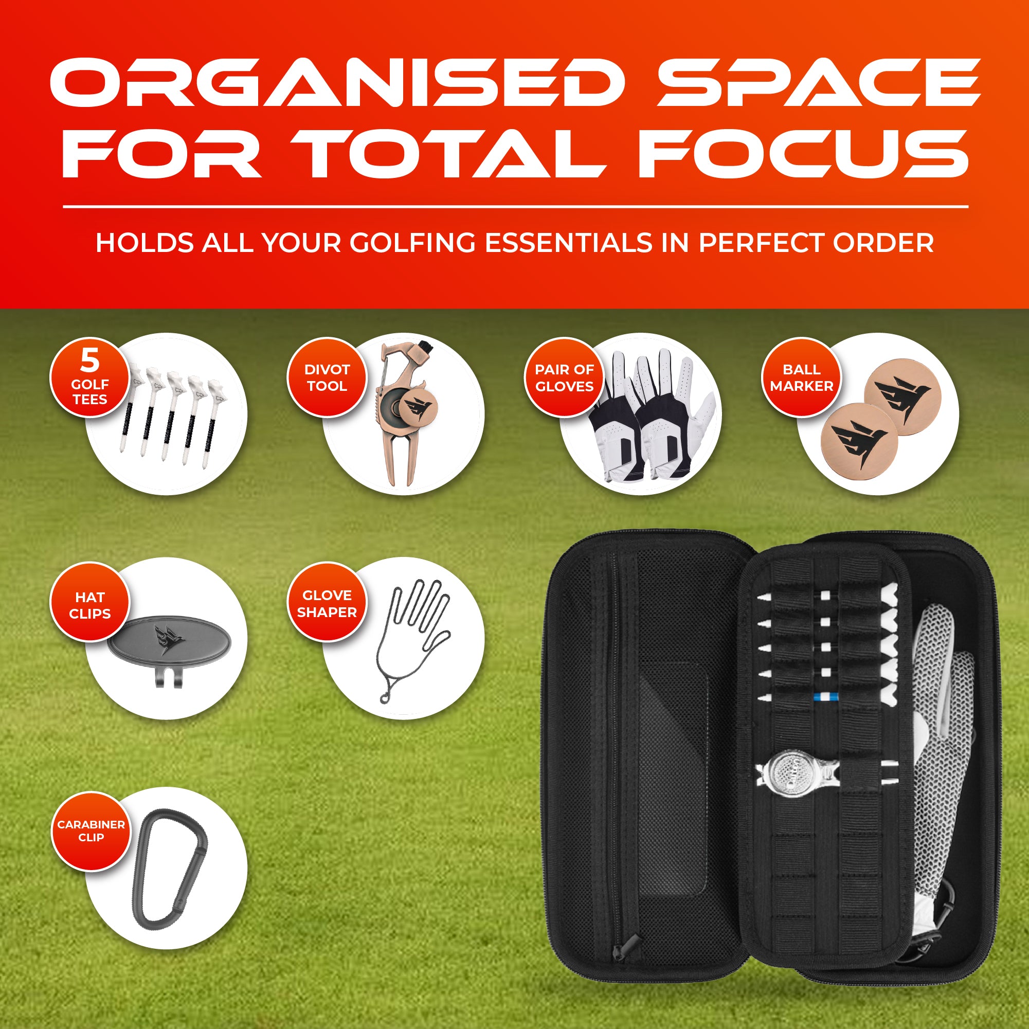 SWIFTEE Golf Glove Case Holder with Heavy-Duty Carabiner, Full-Length Divider, Airflow Ventilation Holes, Storage for Phone, Tees & Divot Tools