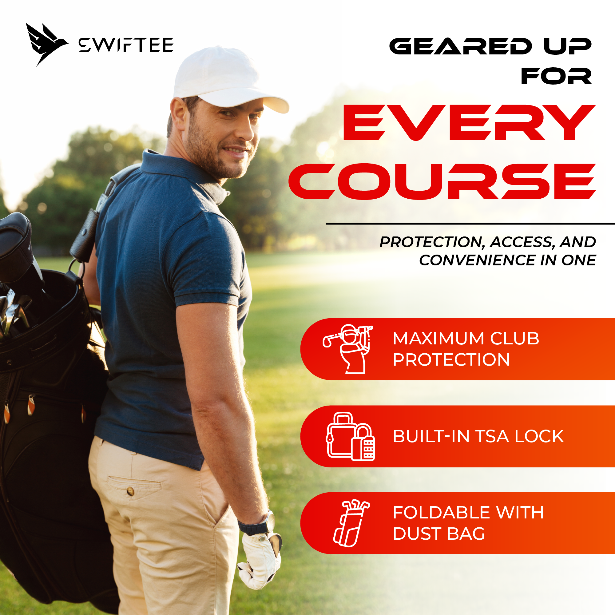 SWIFTEE Premium Golf Travel Bag with Hard Case Top & TSA Lock – 1680D Oxford, Oversized Wheels, Lightweight Airline Carrier for Maximum Club Protection