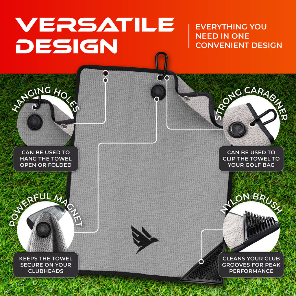 SWIFTEE Ultimate 4-in-1 Premium Golf Towel – Magnetic Clip, Brush & Ball Marker (Black)