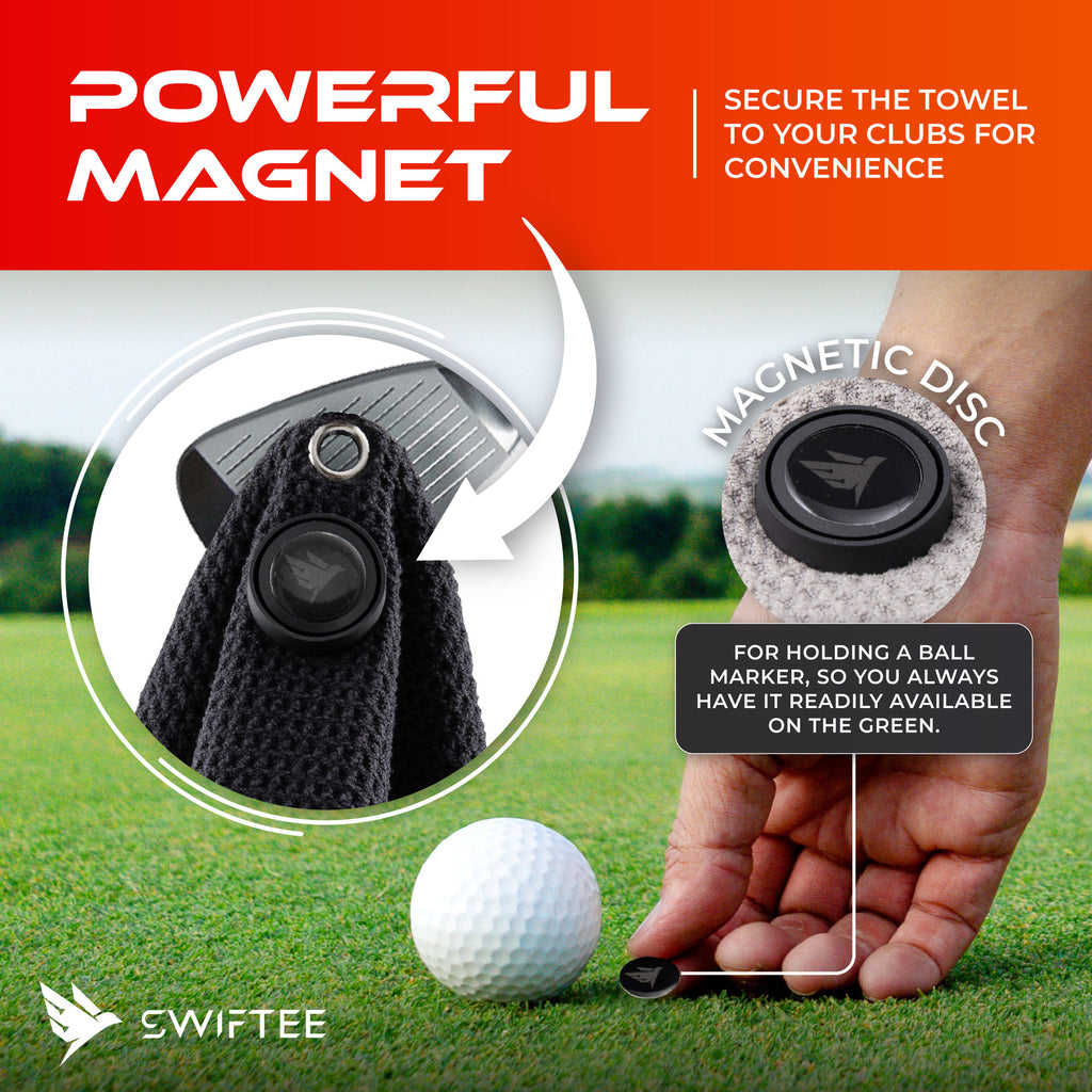 SWIFTEE Ultimate 4-in-1 Premium Golf Towel – Magnetic Clip, Brush & Ball Marker (Black)