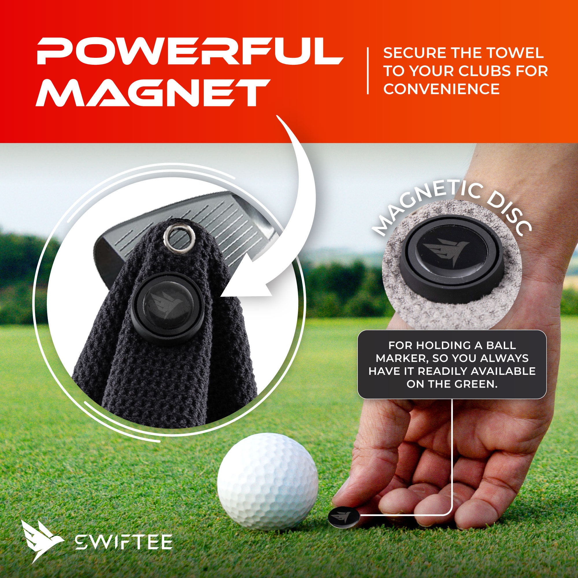 SWIFTEE Ultimate 4-in-1 Premium Golf Towel Grey - Includes Brush, Magnet, Wet/Dry Liner, Ball Marker and Caribiner Clip