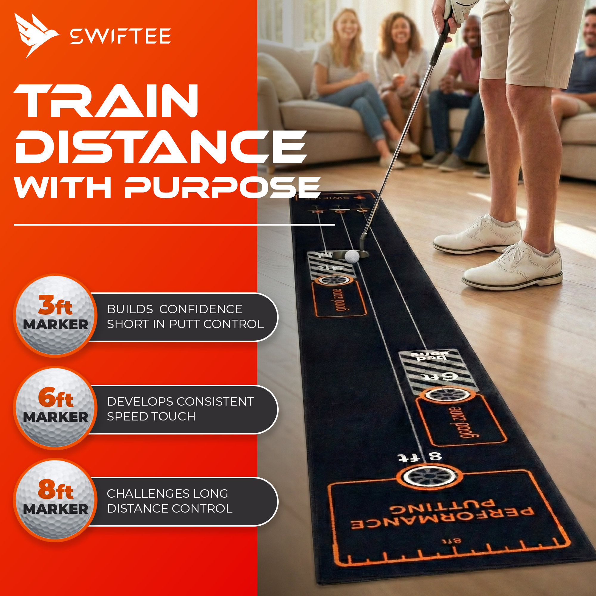 SWIFTEE 3m Golf Putting Mat Straight Line Trainer Distance Target Practice Training Aid